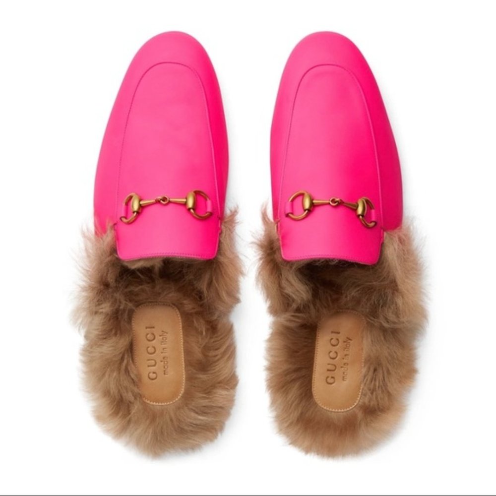 Gucci Princetown Leather & Lamb Fur Slides